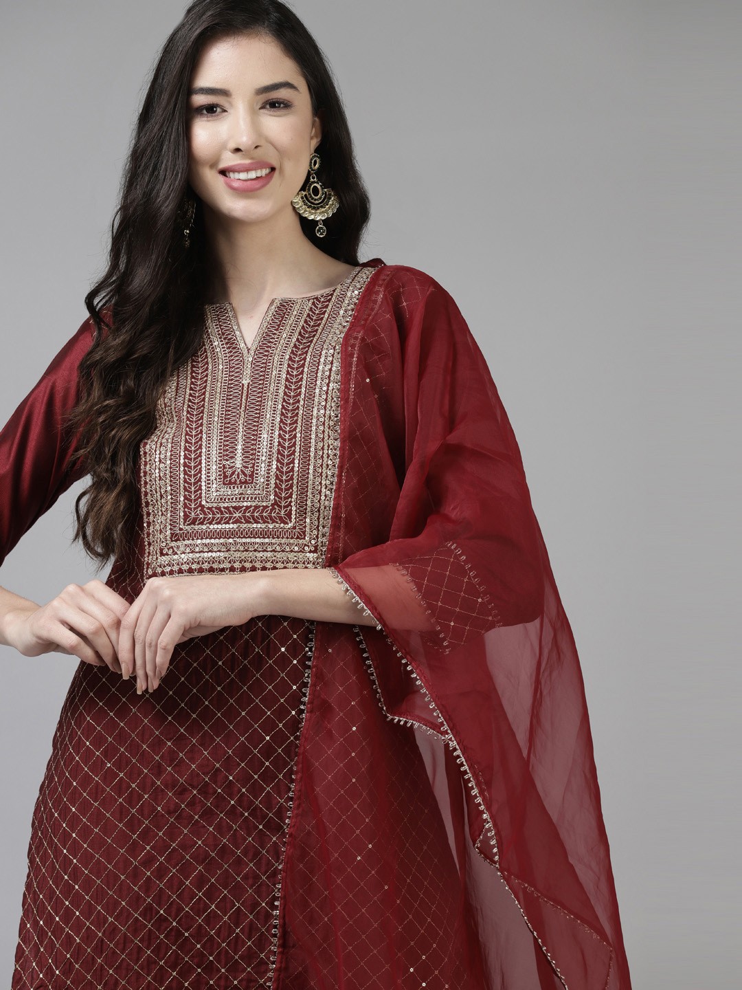 

Indo Era Women Maroon Ethnic Motifs Embroidered Kurta with Trousers & With Dupatta