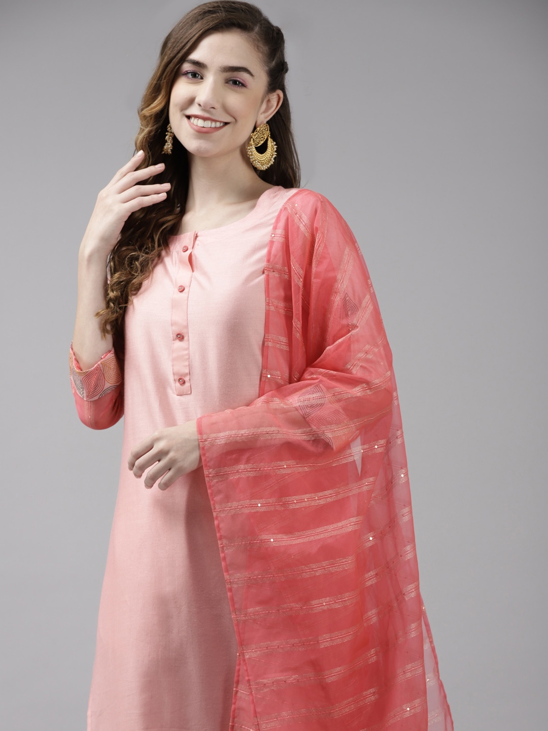 

Indo Era Women Pink Thread Work Liva Kurta with Palazzos & With Dupatta