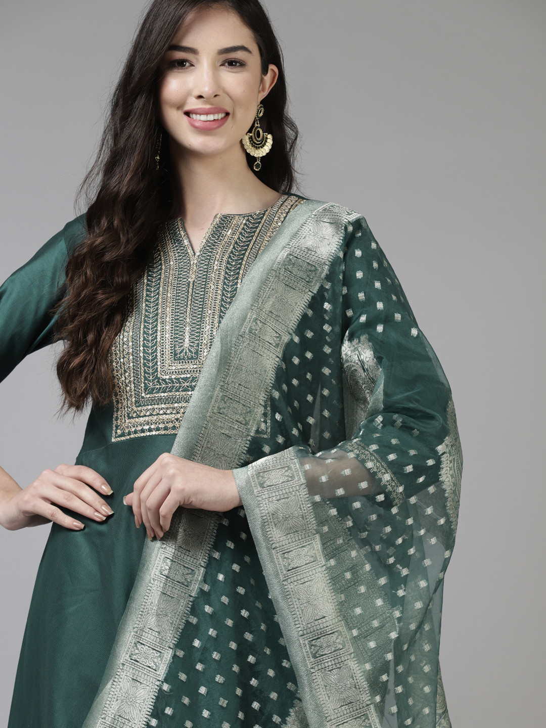 

Indo Era Women Green Ethnic Motifs Embroidered Empire Kurta with Trousers & With Dupatta