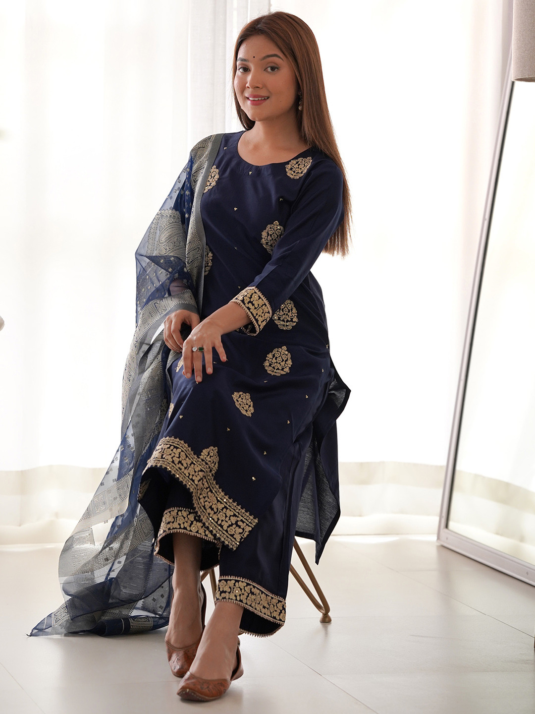 

Indo Era Navy Blue & Gold Striped Ethnic Embroidered Liva Straight Kurta Palazzos Dupatta