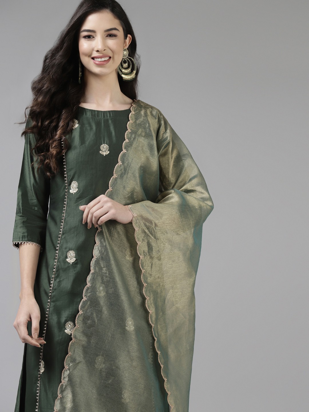 

Indo Era Women Olive Green Floral Embroidered Kurta with Trousers & With Dupatta