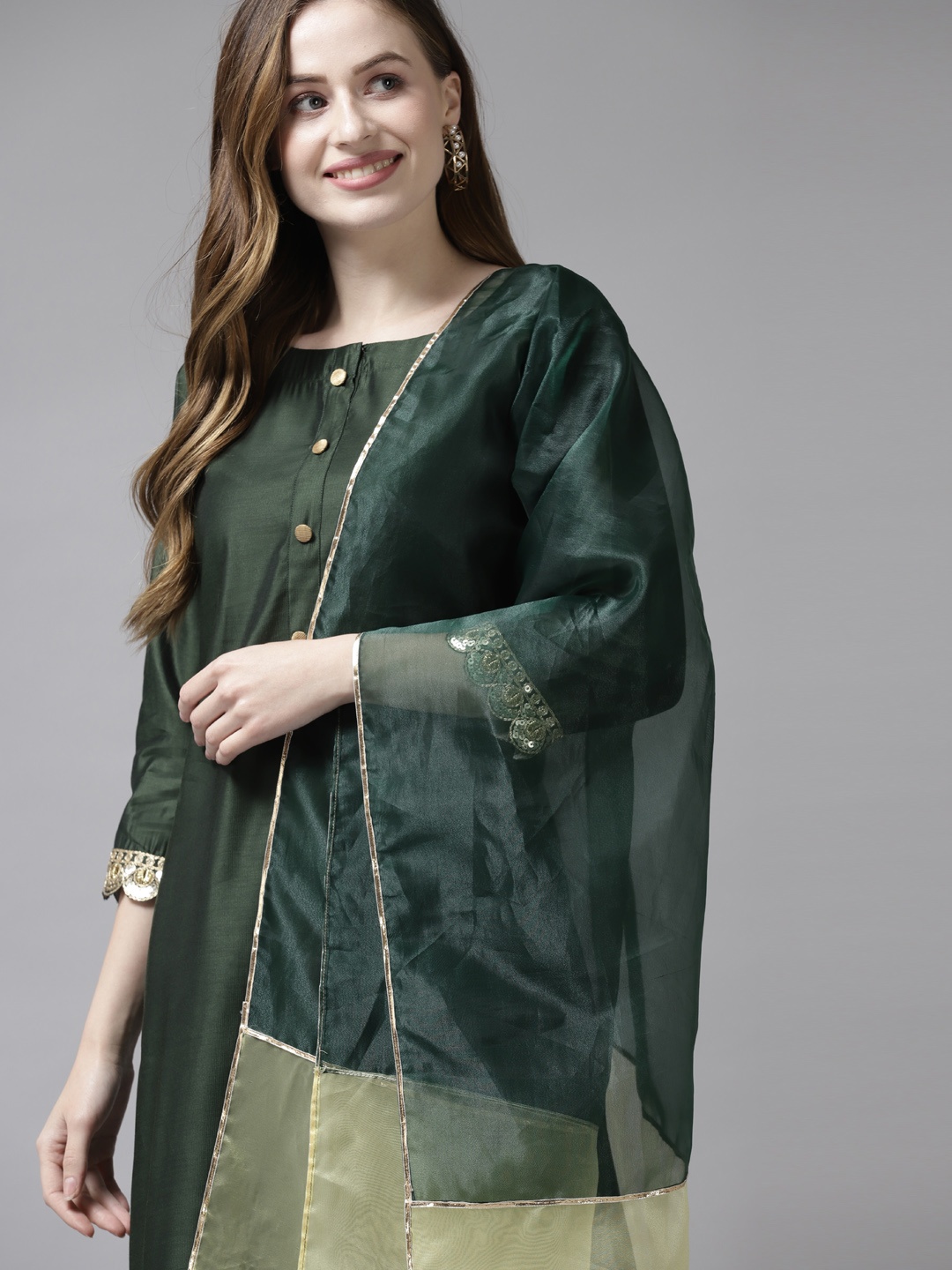 

Indo Era Women Green Floral Printed Sequinned Pure Cotton Kurta with Palazzos & With Dupatta