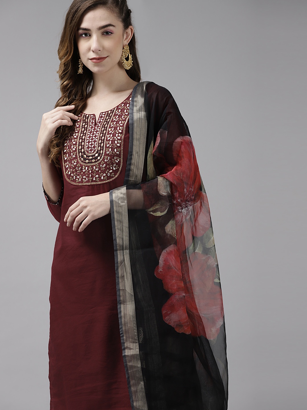 

Indo Era Women Maroon Embroidered Kurta with Trousers & With Dupatta