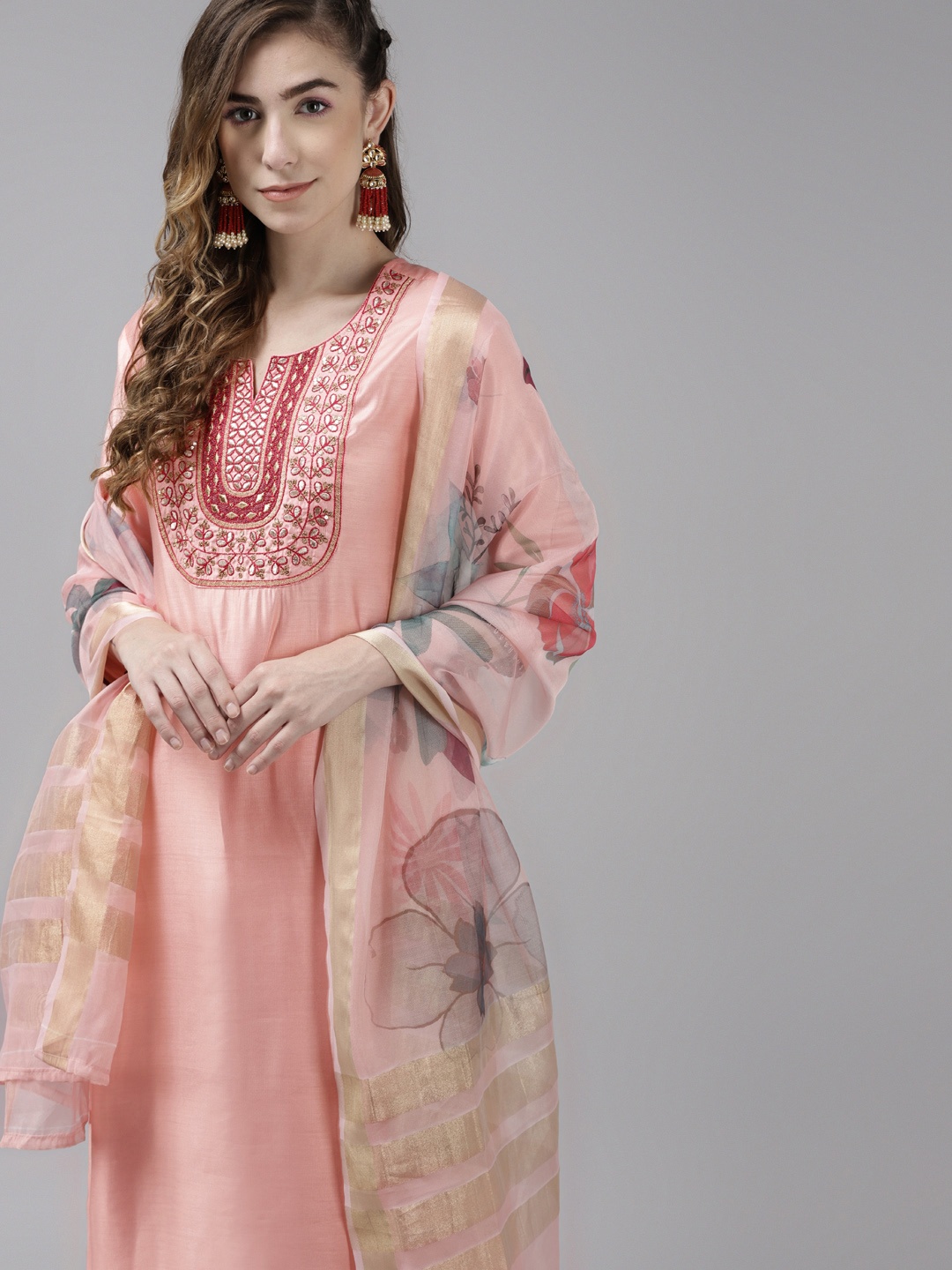 

Indo Era Women Pink Ethnic Motifs Embroidered Kurta with Trousers & With Dupatta