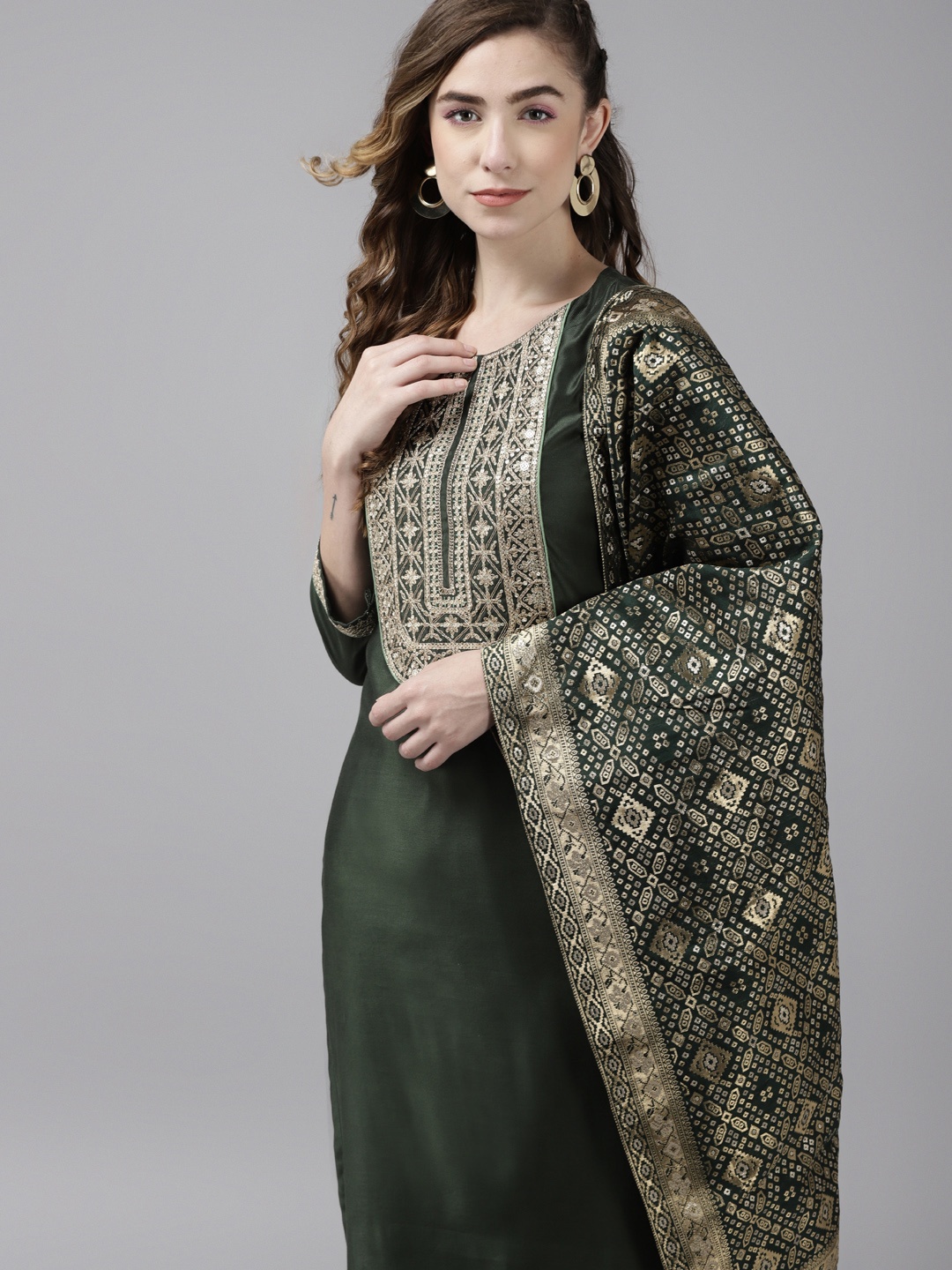 Indo Era Green & Gold Floral Striped Thread Work Liva Straight Kurta with Trousers Dupatta