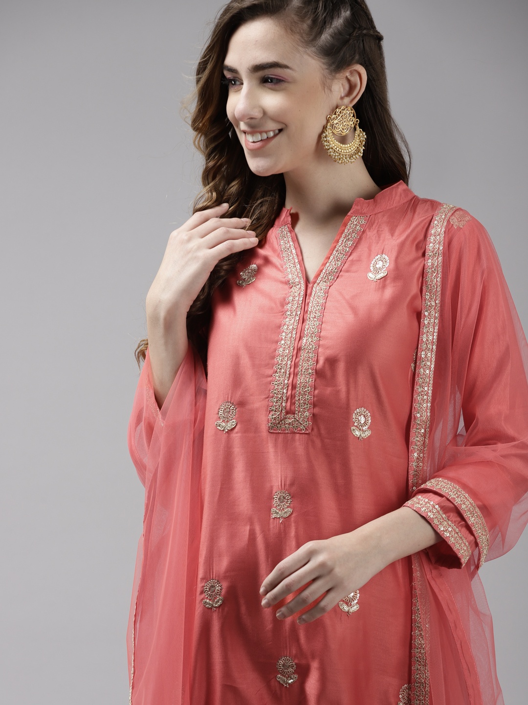 

Indo Era Women Pink Embroidered Kurta with Trousers & With Dupatta