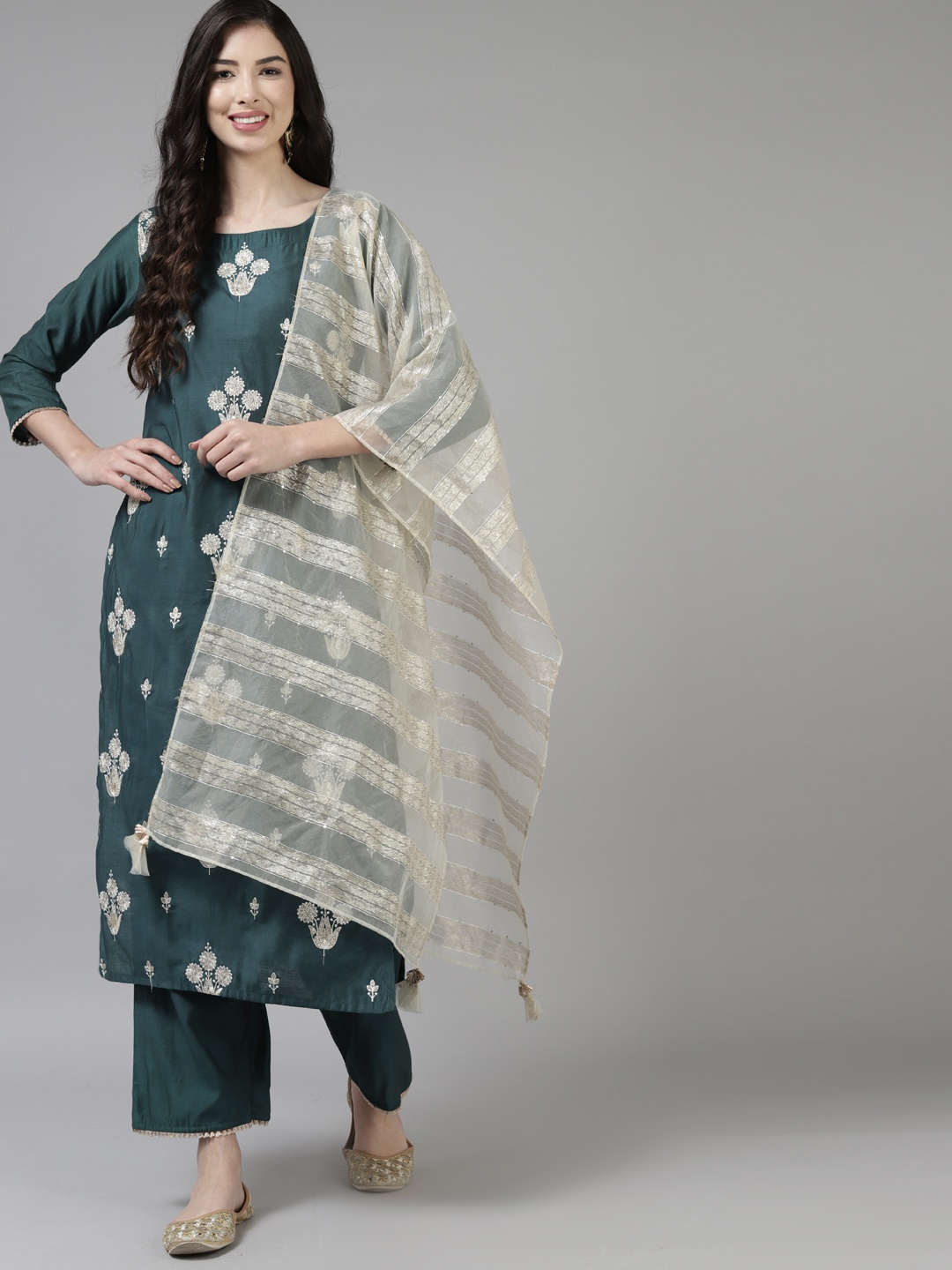 

Indo Era Women Teal Green Floral Embroidered Kurta with Palazzos & With Dupatta