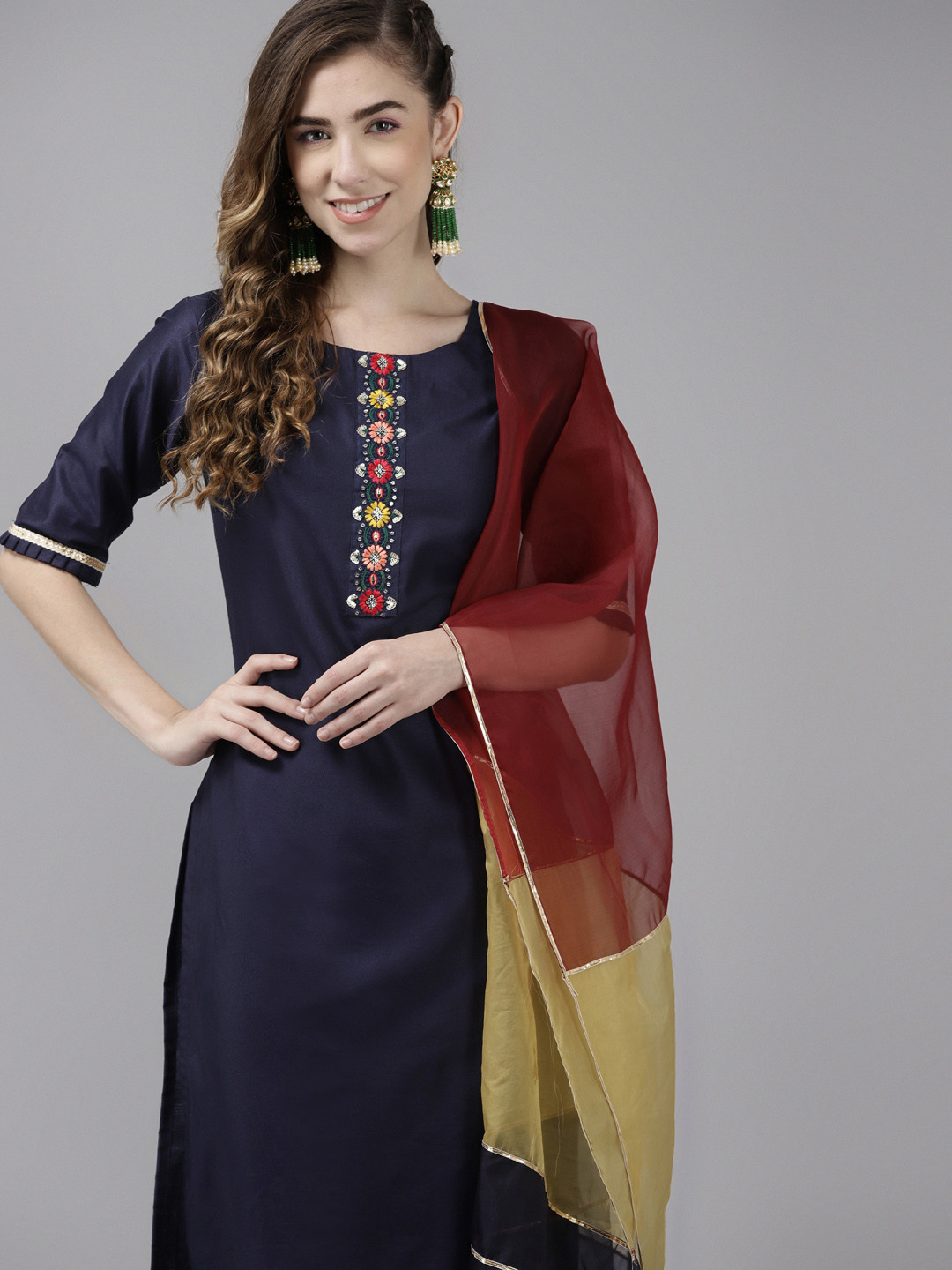 

Indo Era Women Navy Blue Floral Embroidered Thread Work Kurta with Palazzos & With Dupatta