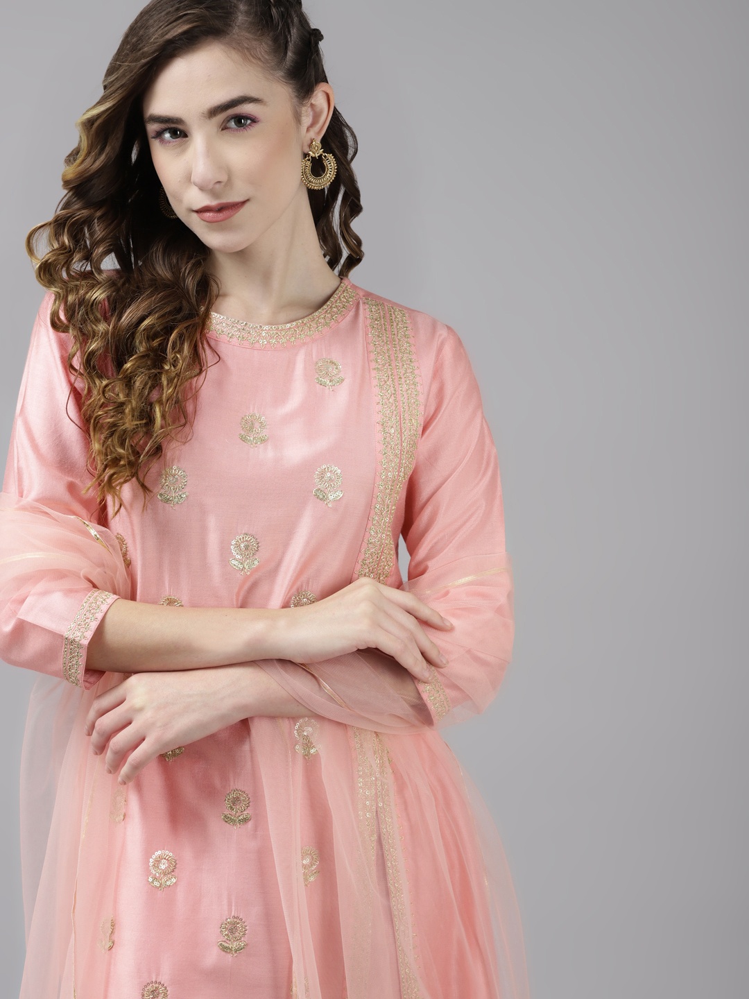 

Indo Era Women Pink Floral Embroidery Striped High Slit Liva A-Line Kurta Trousers Dupatta