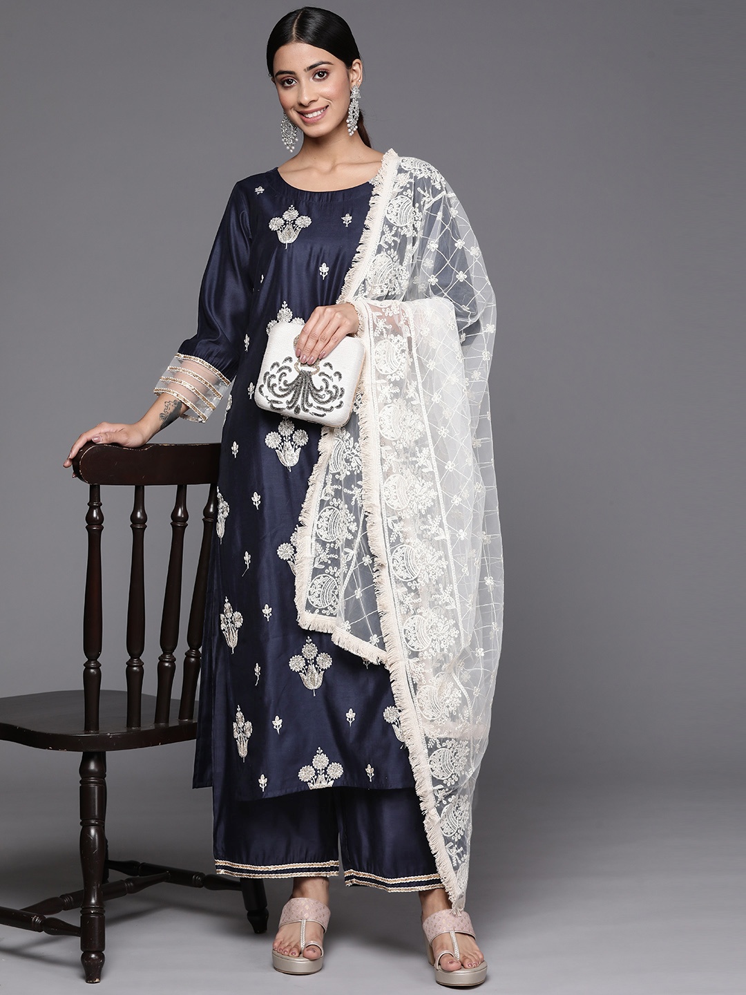 

Indo Era Women Navy Blue Floral Embroidered Thread Work Liva Kurta with Palazzos & With Dupatta