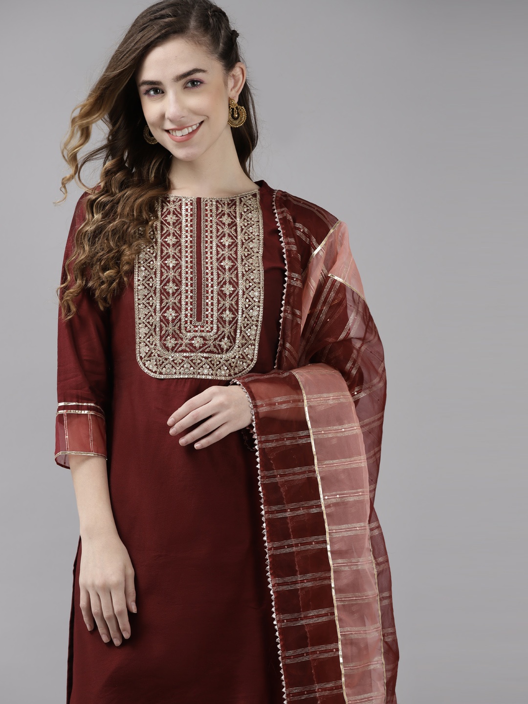

Indo Era Women Maroon Ethnic Motifs Embroidered Kurta with Trousers & With Dupatta