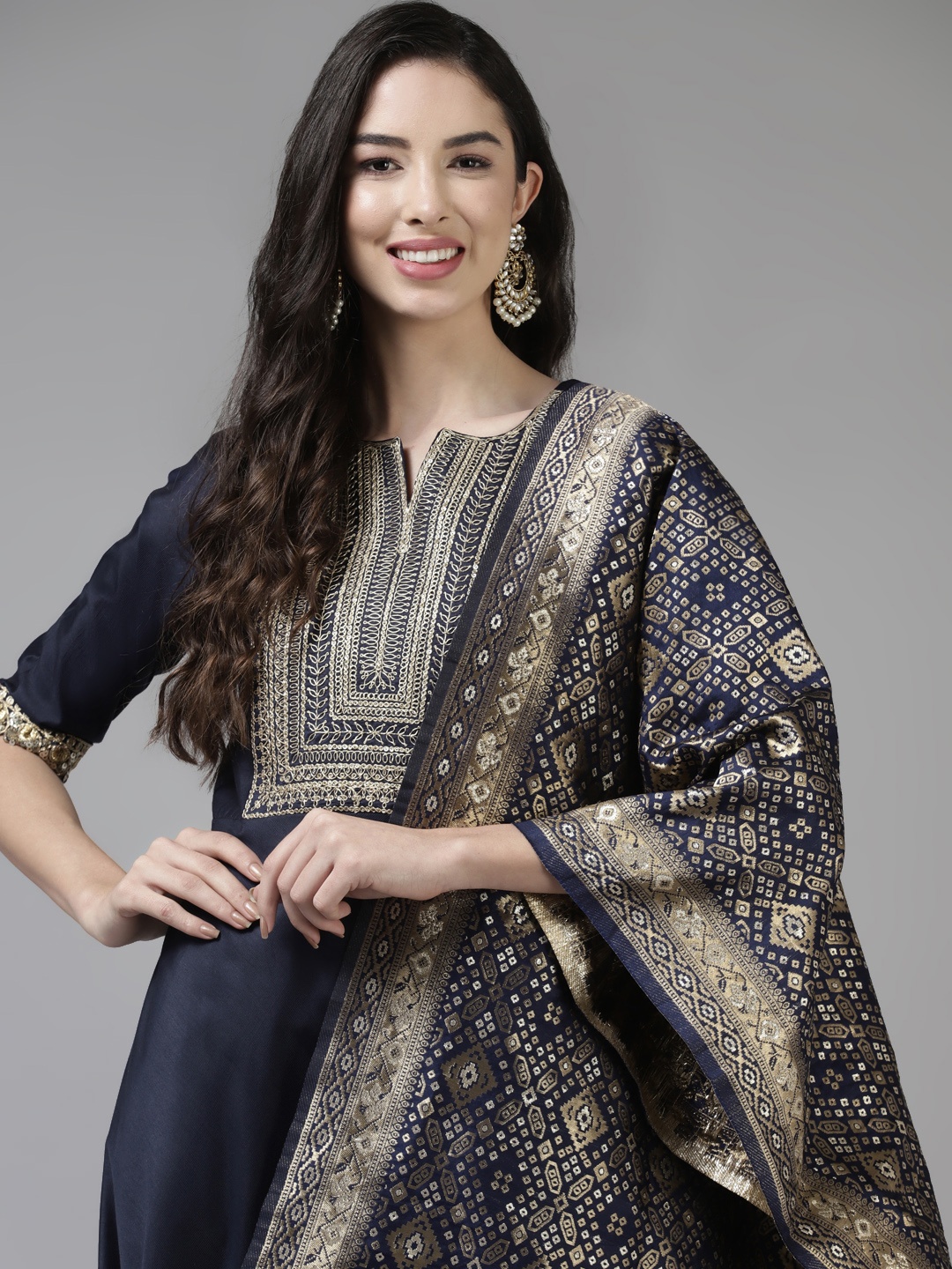 

Indo Era Women Navy Blue Floral Yoke Design Pleated Sequinned Liva Kurta with Trousers & With Dupatta