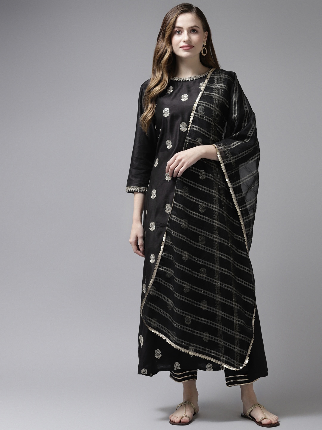 

Indo Era Black Floral Embroidery Striped High Slit Liva A-Line Kurta Trousers Dupatta