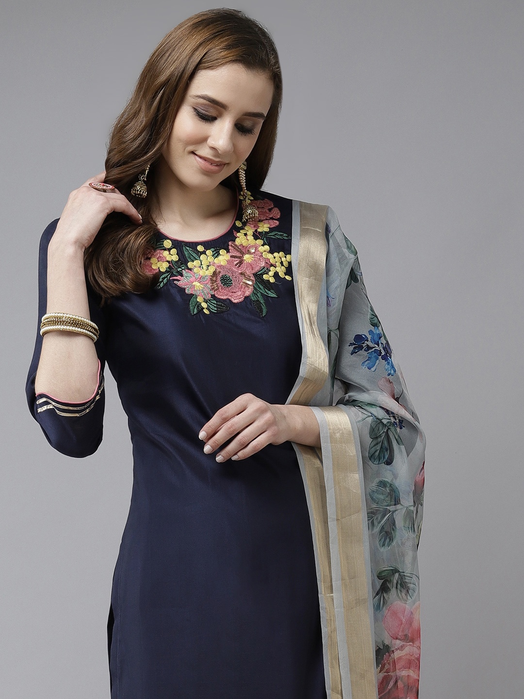 

Indo Era Women Navy Blue Floral Embroidered Thread Work Kurta with Palazzos & With Dupatta