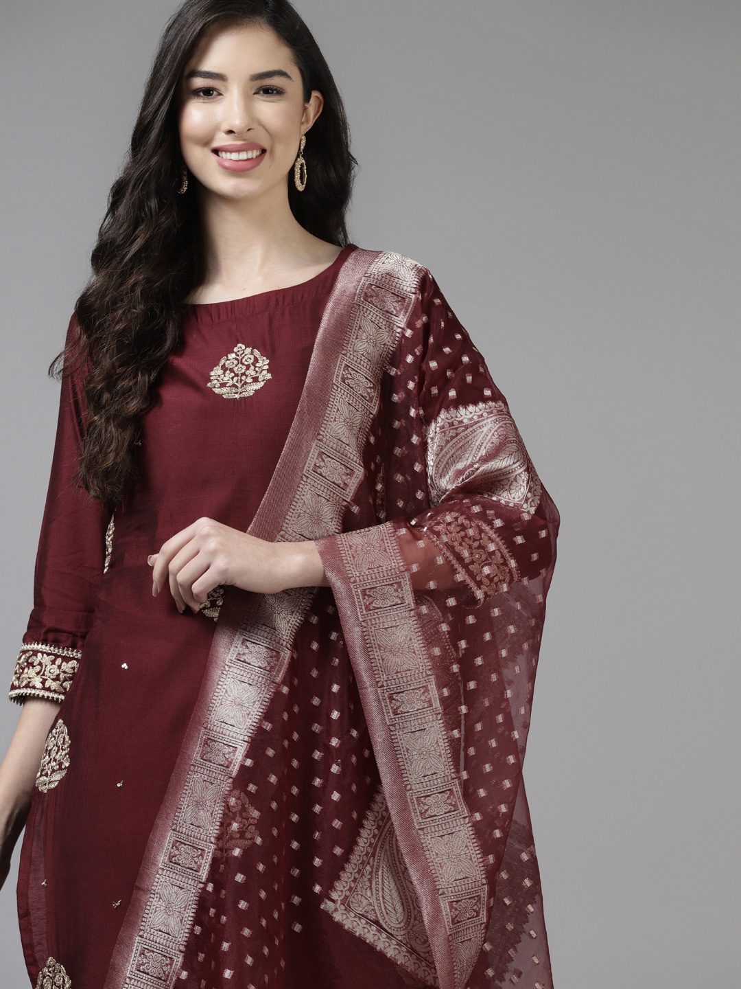 

Indo Era Women Maroon & Golden Floral Embroidered Liva Kurta with Palazzos & Dupatta