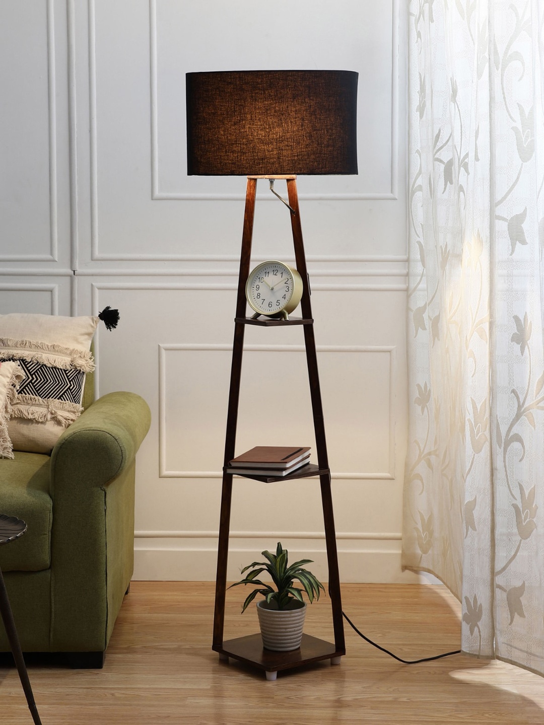 

SANDED EDGE Brown Lamp With 3 Tier Shelf Space With Spherical Shape Shade