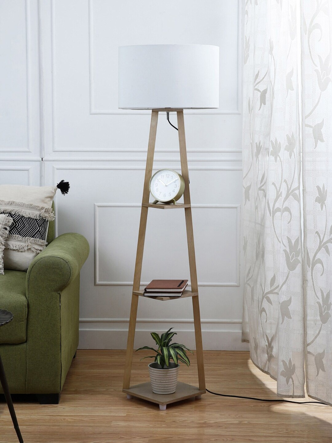 

SANDED EDGE Brown Lamp With 3 Tier Shelf Space With Spherical Shape Shade