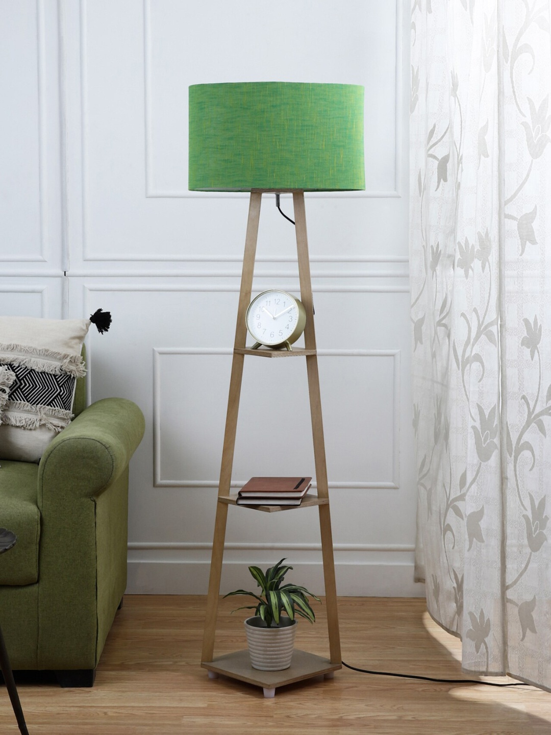 

SANDED EDGE 3 Tier Shelf Space in Natural Wood Finish with Oval Shape Shade Magnum Lamp, Brown