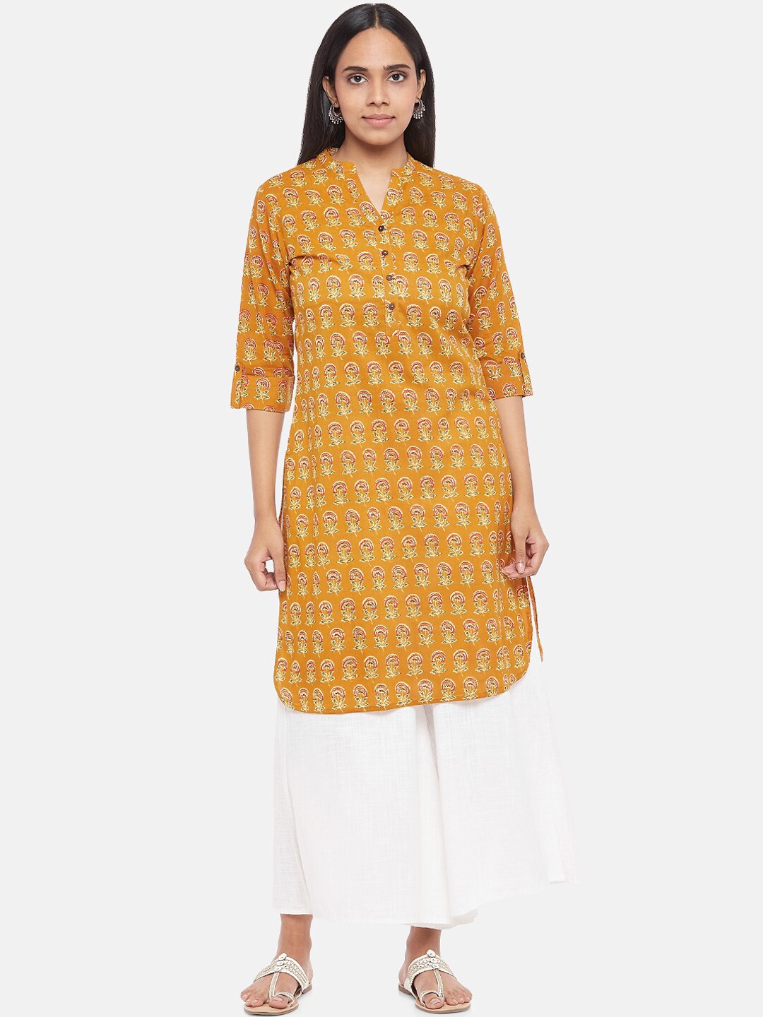 

RANGMANCH BY PANTALOONS Women Mustard Yellow Ethnic Motifs Printed Kurta