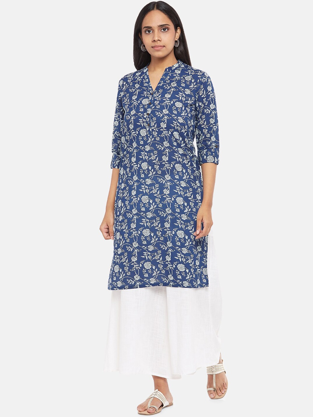 

RANGMANCH BY PANTALOONS Women Blue & Off White Floral Printed Kurta