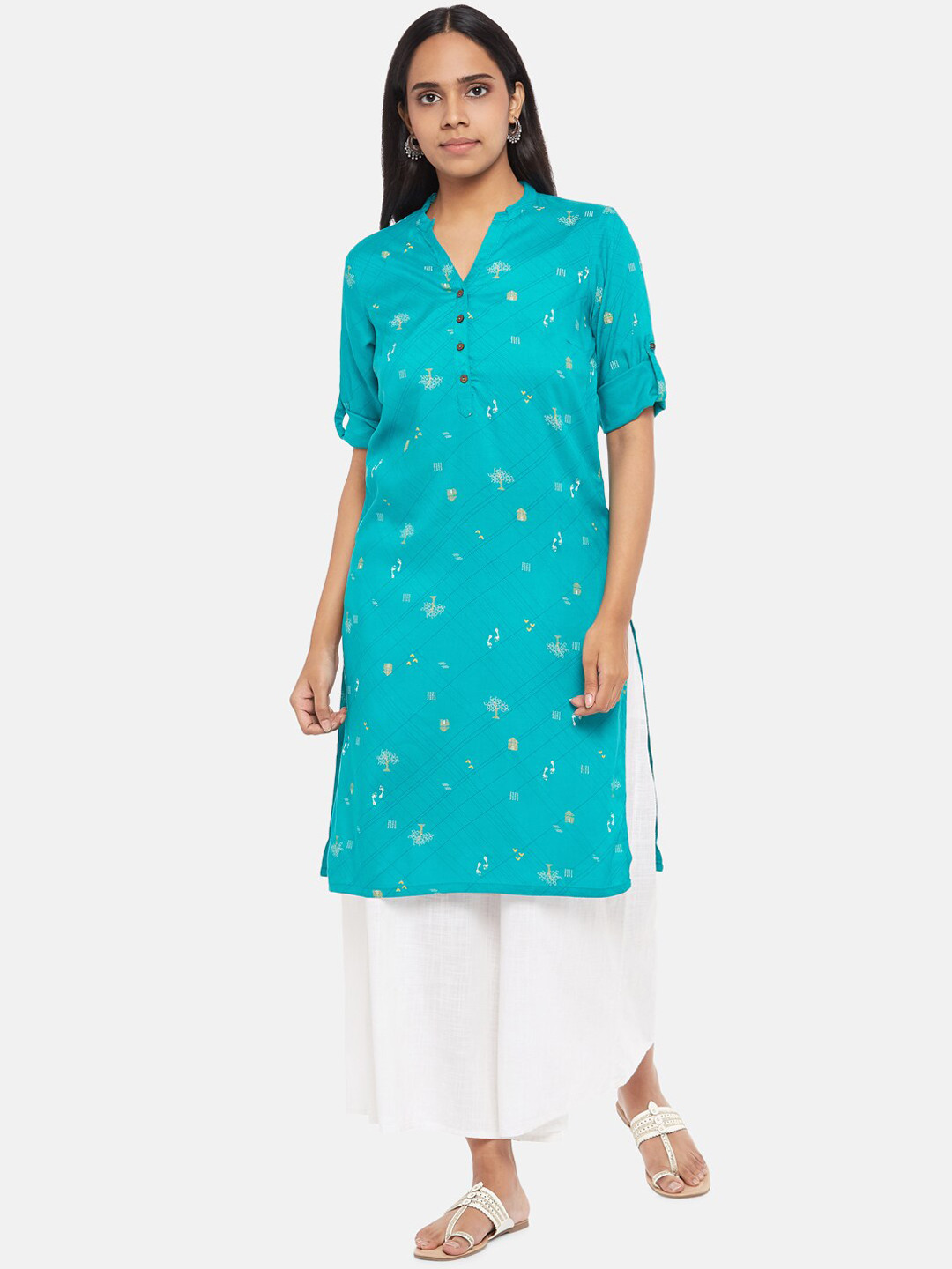 

RANGMANCH BY PANTALOONS Women Turquoise Blue Printed Thread Work Kurta