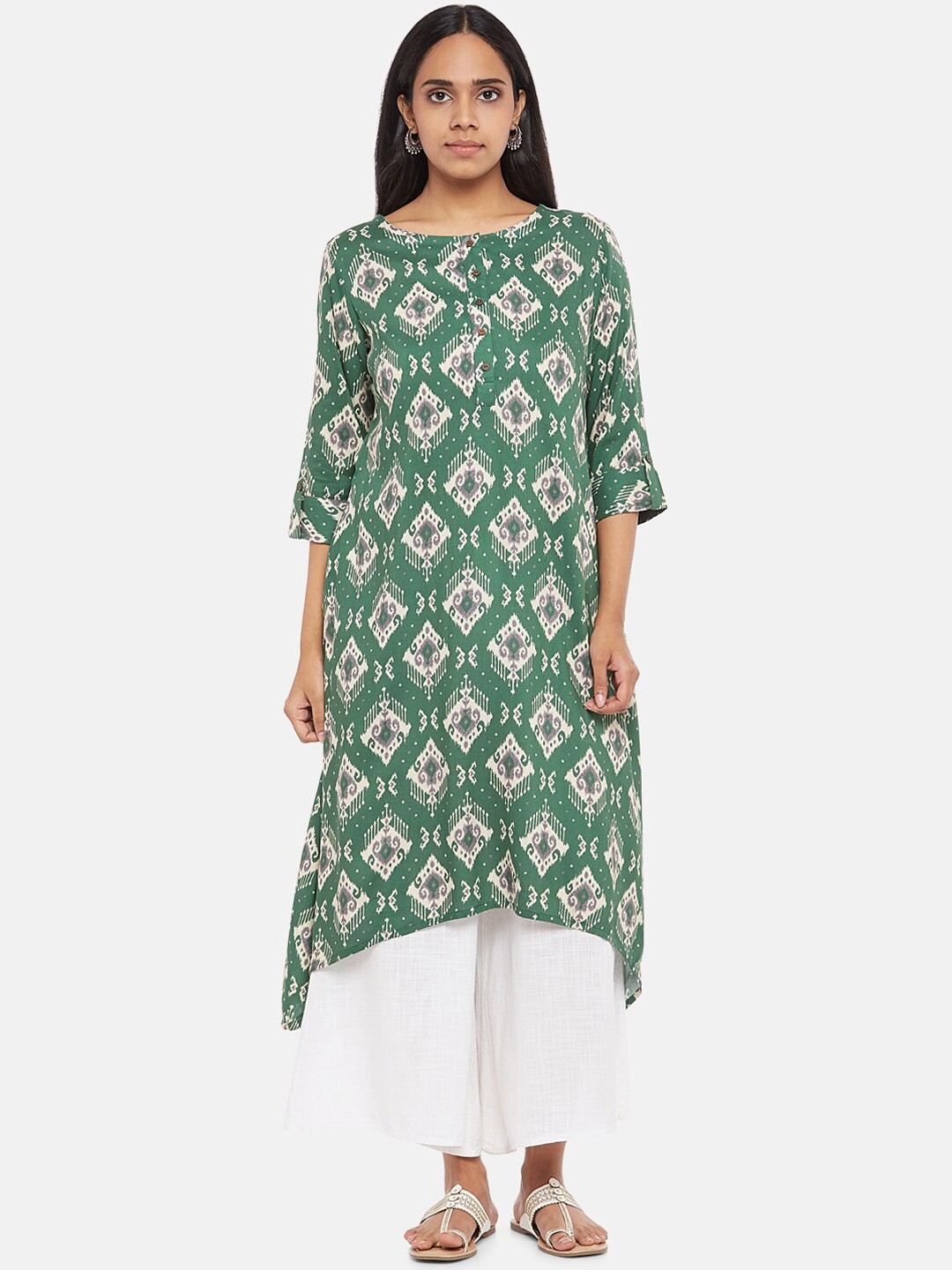 

RANGMANCH BY PANTALOONS Women Green Ethnic Motifs Printed Gotta Patti Kurta