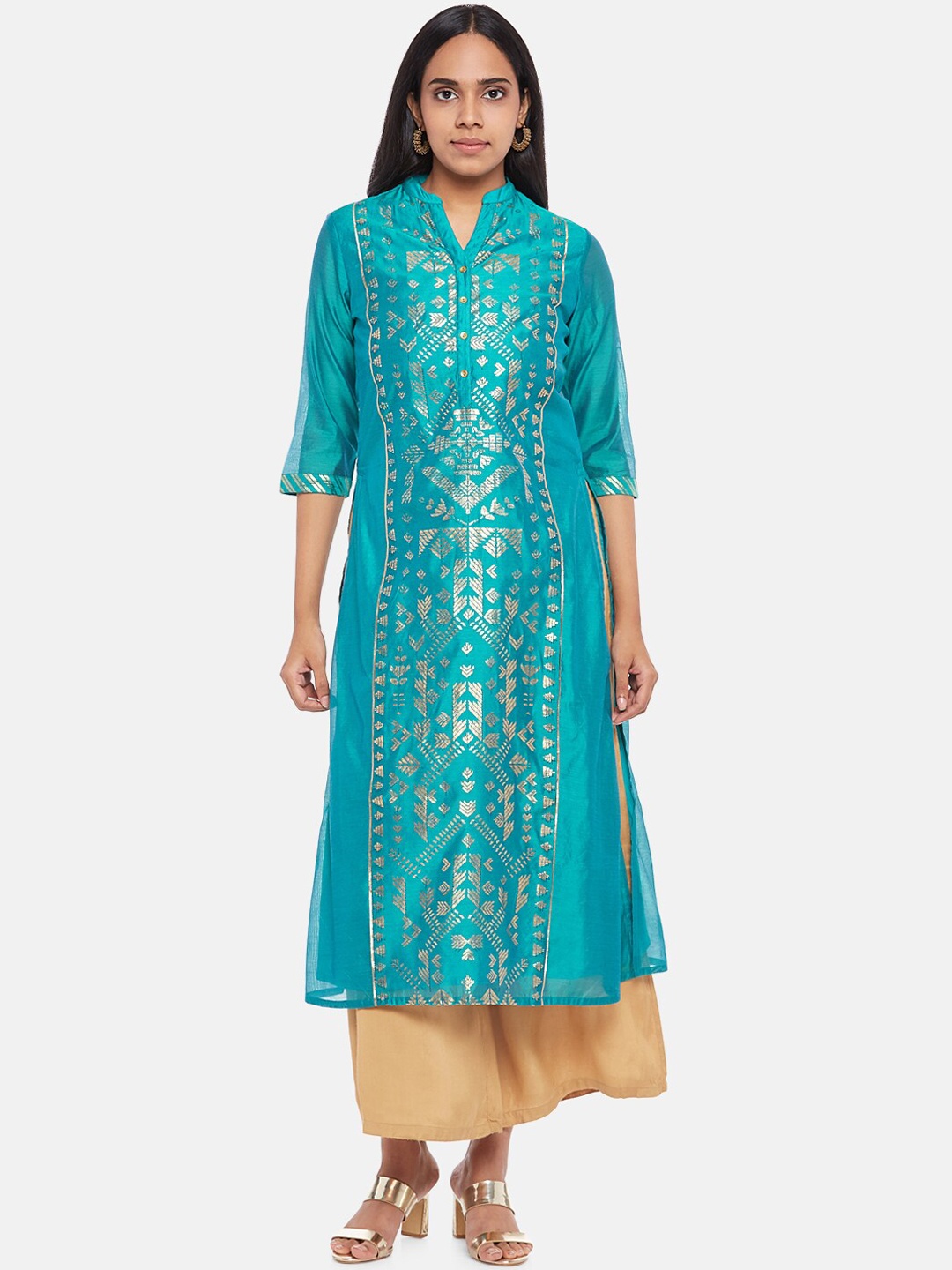 

RANGMANCH BY PANTALOONS Women Turquoise Blue Foil Print Kurta