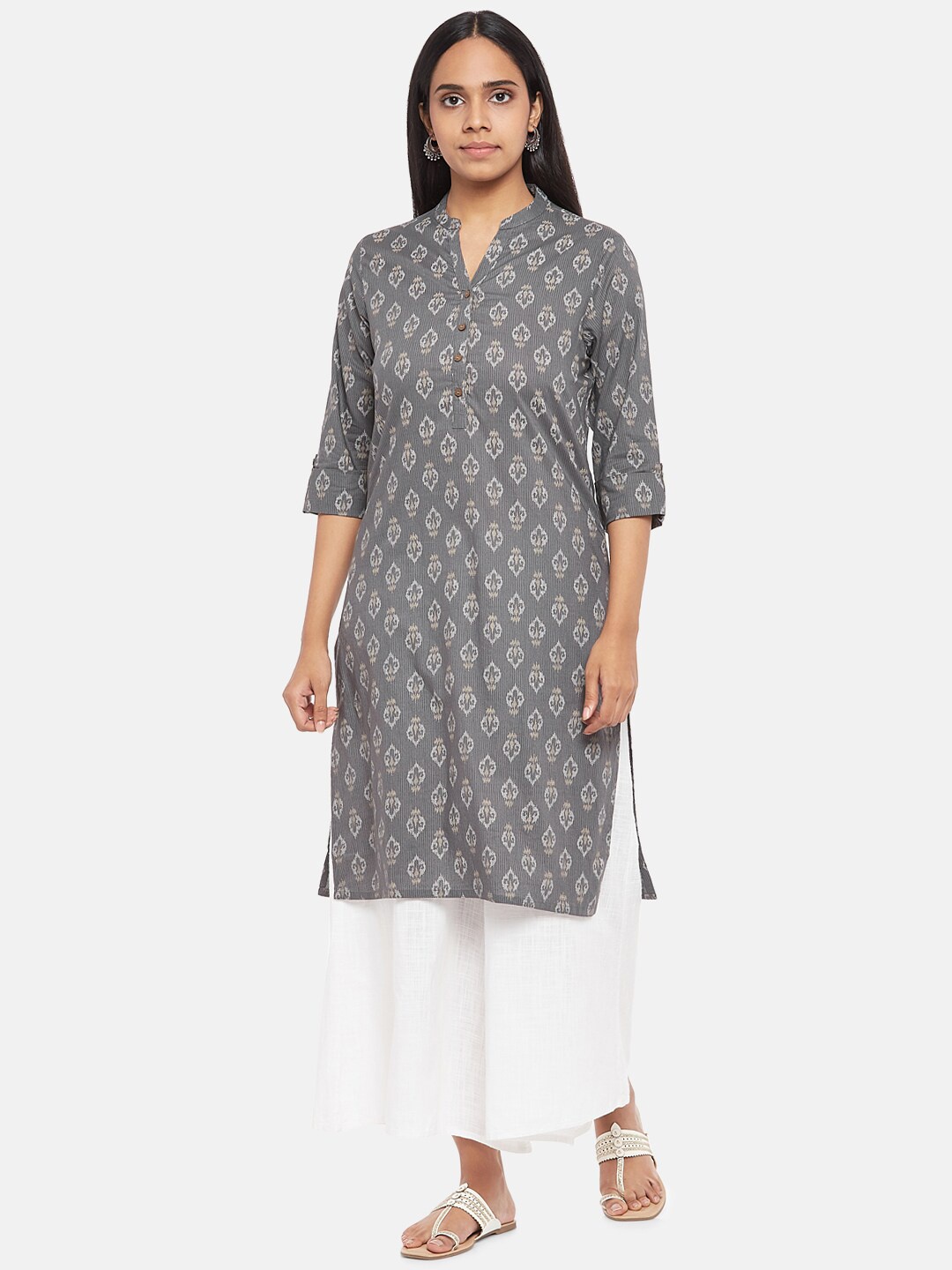 

RANGMANCH BY PANTALOONS Women Grey Ethnic Motifs Printed Pure Cotton Kurta