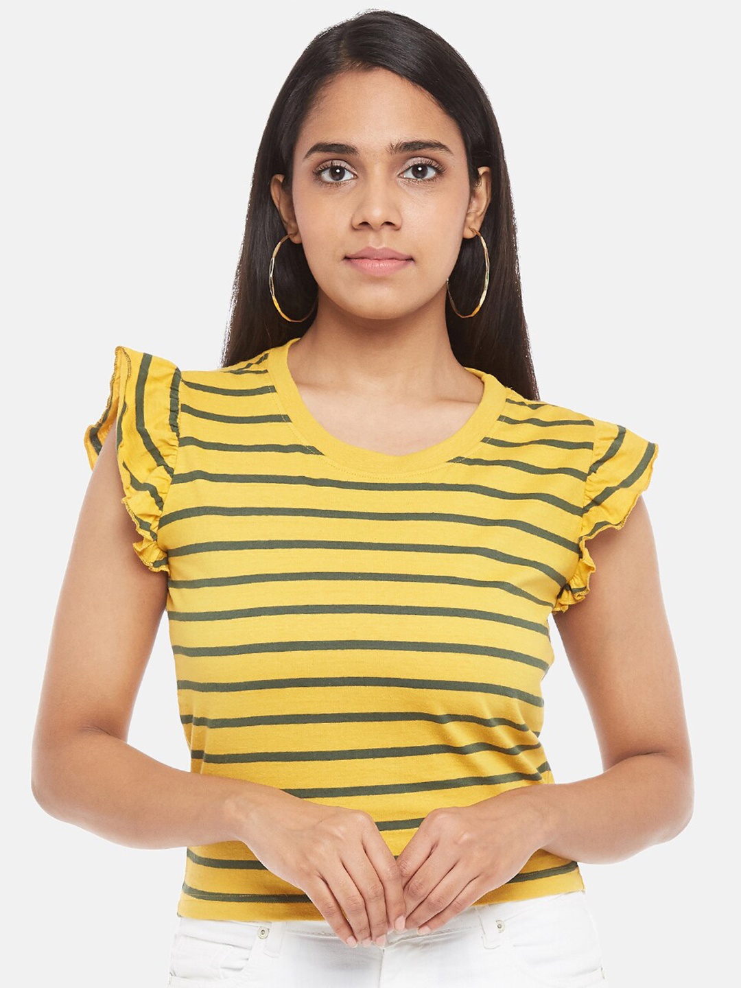 

People Mustard Yellow & Black Striped Pure Cotton Regular Top