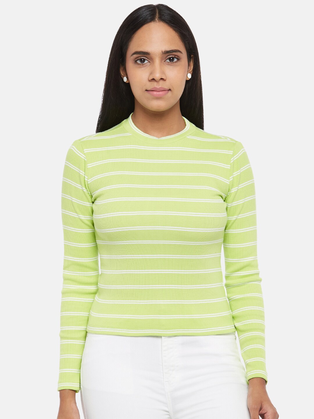 

People Women Green Striped Regular Crop Top