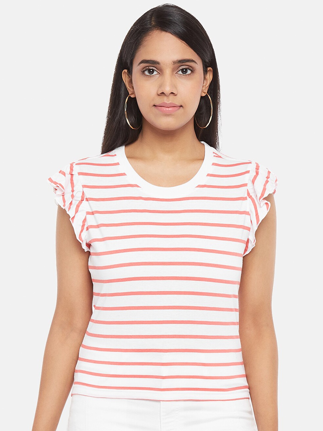 

People White & Peach-Coloured Striped Regular Top