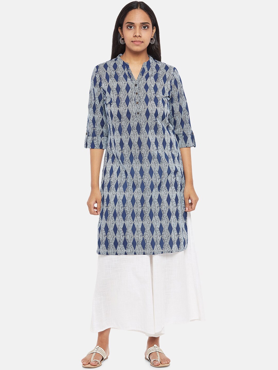 

RANGMANCH BY PANTALOONS Women Blue Geometric Printed Straight Pure Cotton Kurta