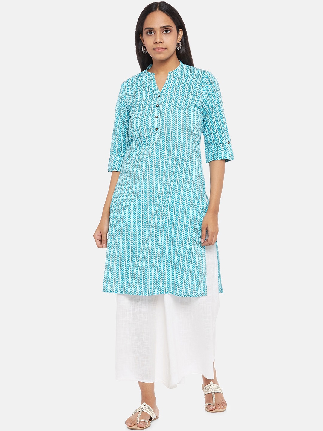 

RANGMANCH BY PANTALOONS Women Turquoise Blue Geometric Striped Thread Work Kurta