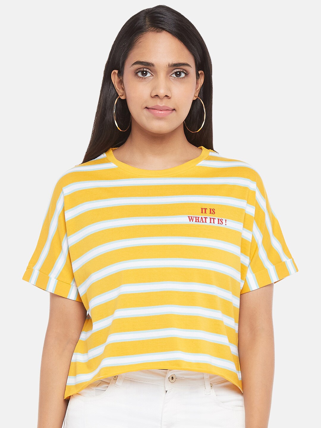 

People Yellow & White Striped Regular Top