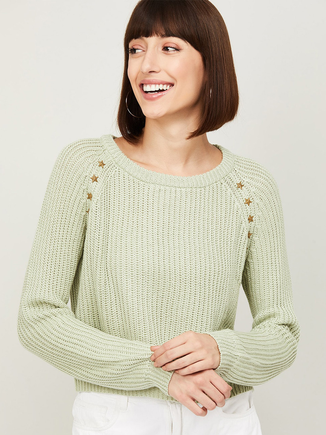 

Ginger by Lifestyle Women Green Solid Pullover Crop Sweater
