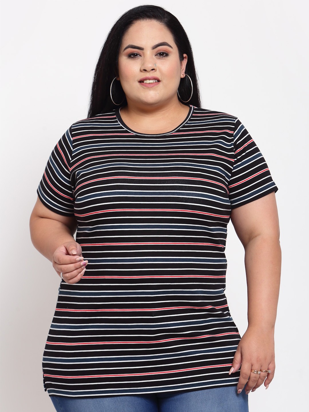 

plusS Women Black & Red Striped Plus Size T-shirt