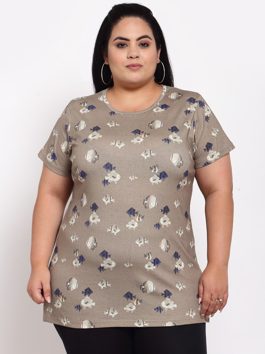 

plusS Women Taupe & Blue Printed Cotton T-shirt
