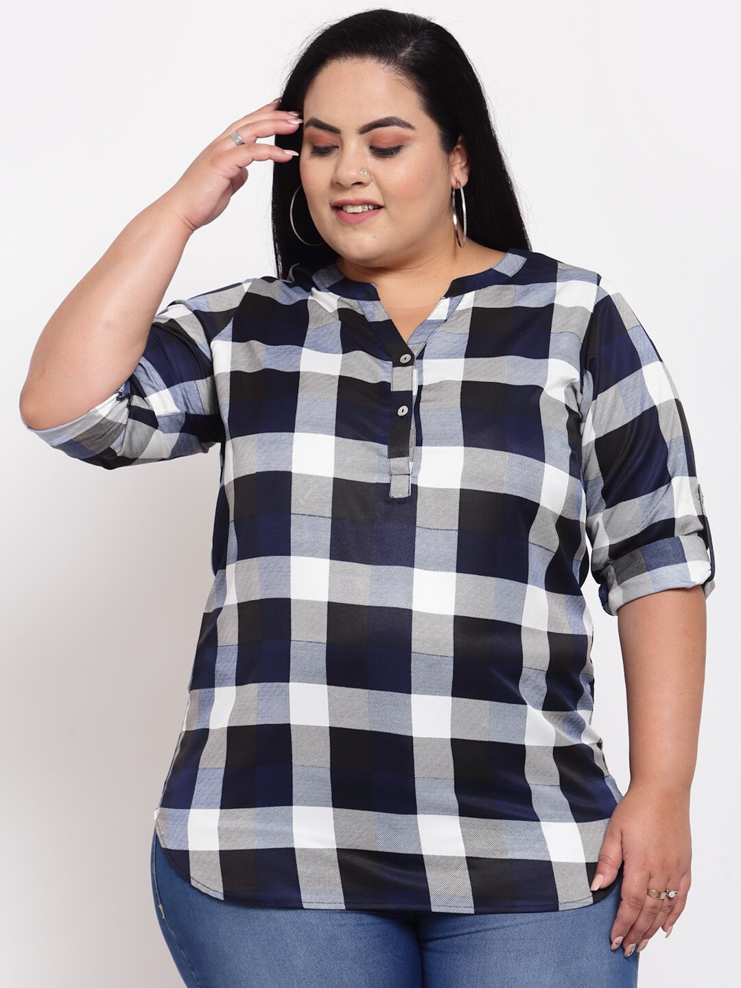 

plusS Blue Checked Roll-Up Sleeves Cotton Shirt Style Top