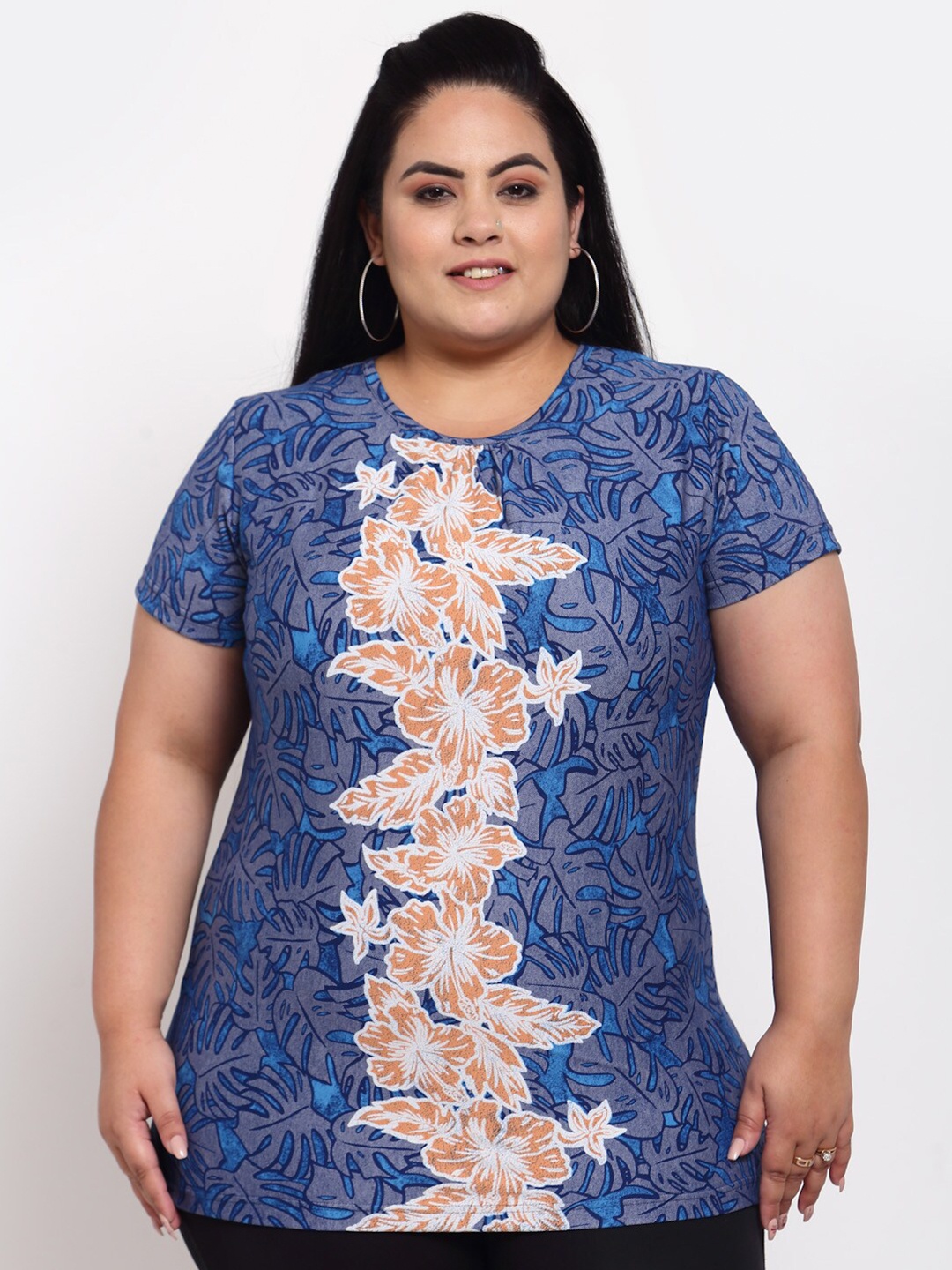 

plusS Women Blue & Orange Floral Printed T-shirt - Plus Size