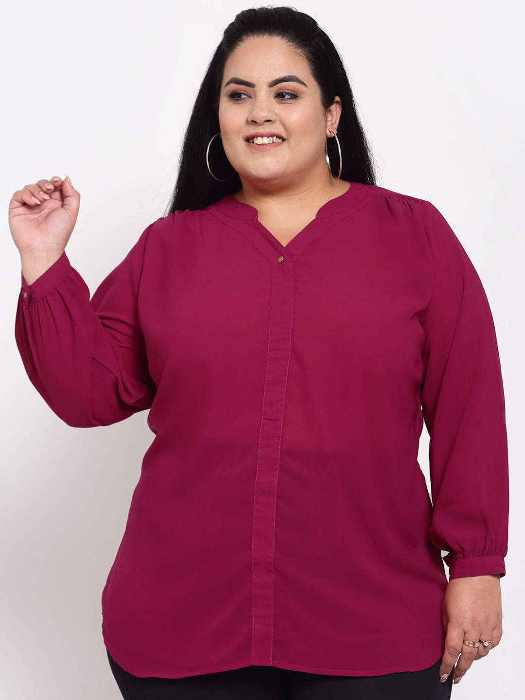

PlusS Women Pink Mandarin Collar Shirt Style Top