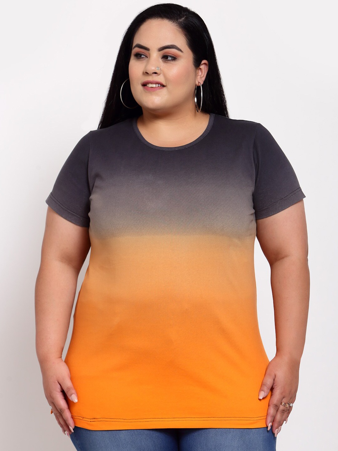 

plusS Women Orange & Navy Blue Tie and Dye Dyed Cotton T-shirt