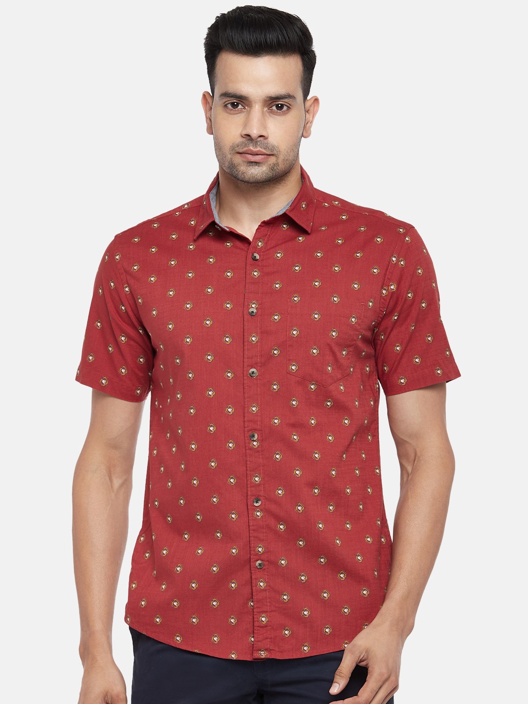 

BYFORD by Pantaloons Men Burgundy Slim Fit Floral Opaque Printed Casual Pure Cotton Shirt