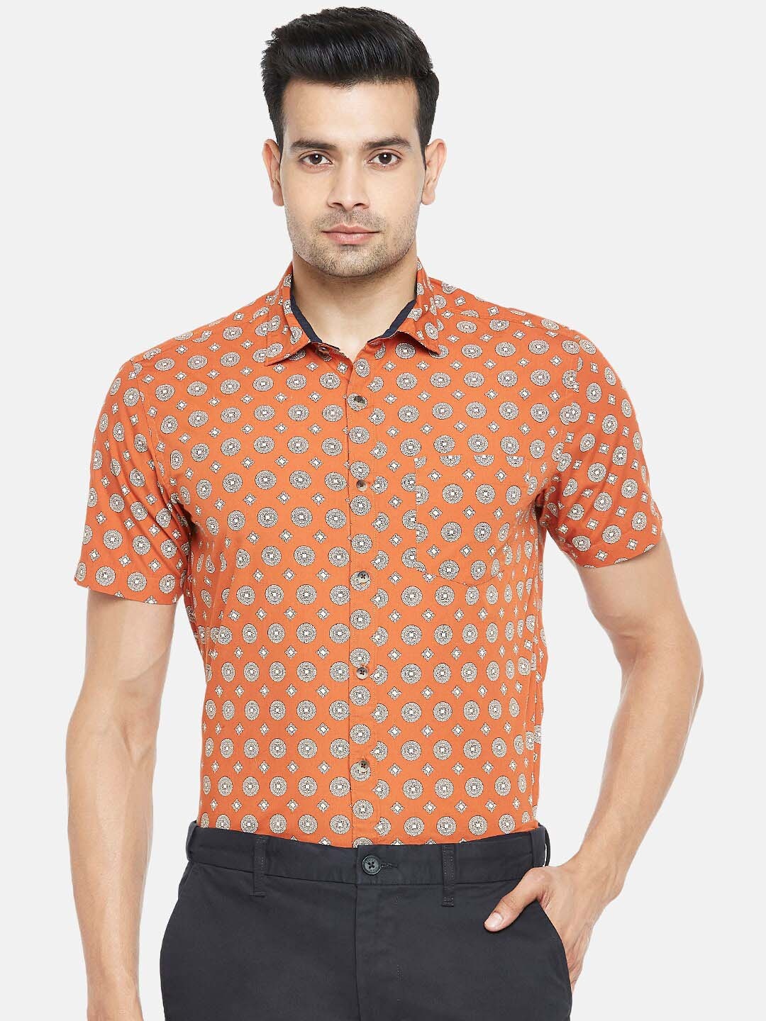 

BYFORD by Pantaloons Men Orange Slim Fit Pure Cotton Printed Casual Shirt
