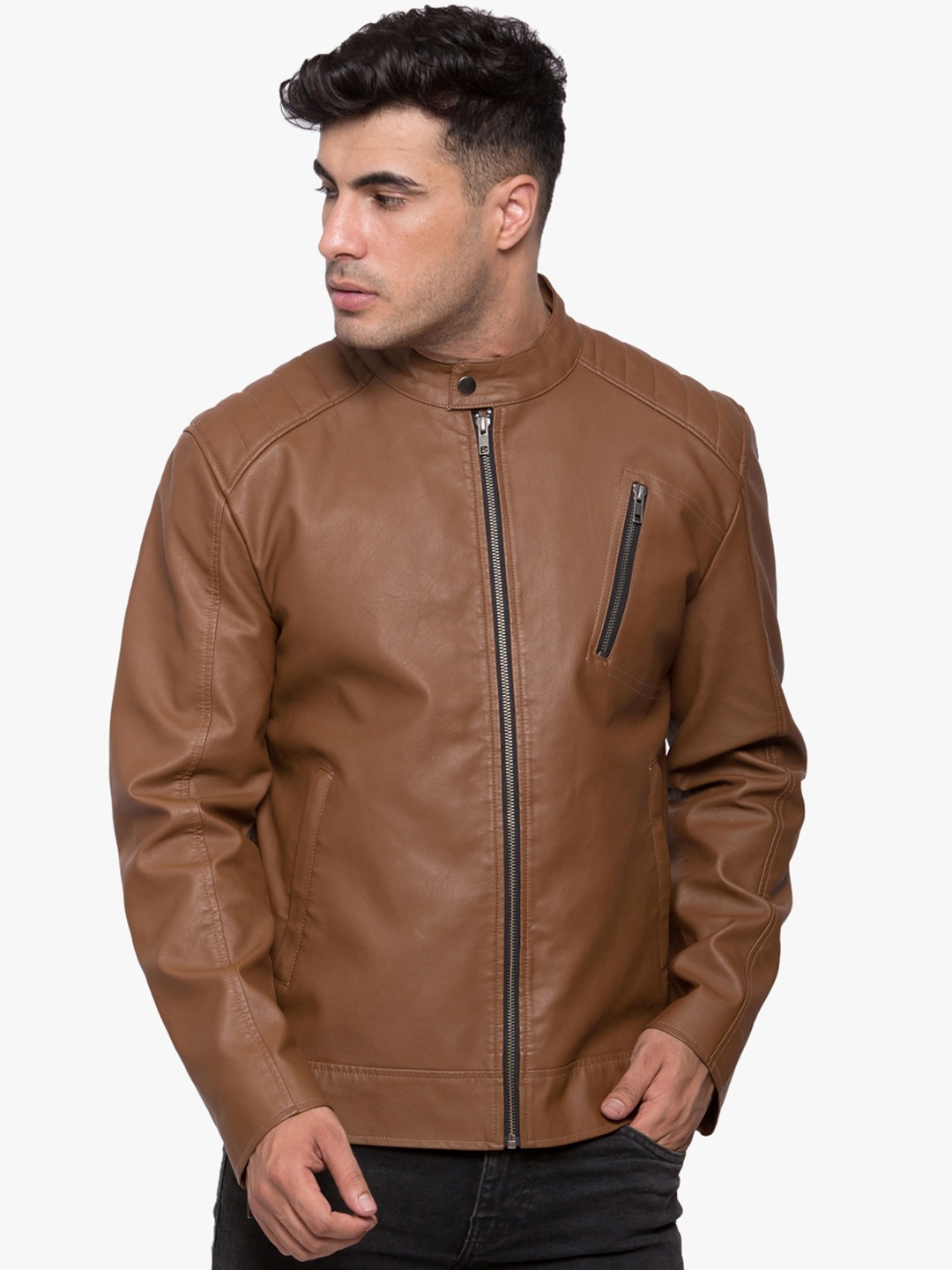 

Justanned Men Tan Solid Outdoor Biker Jacket