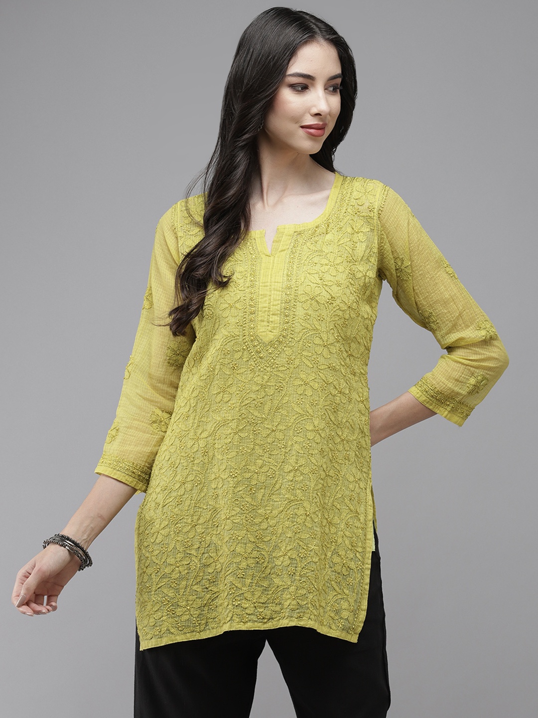 ADA Lime Green & Lime Green Hand Embroidered Chikankari Kota Kurti With Matching Slip
