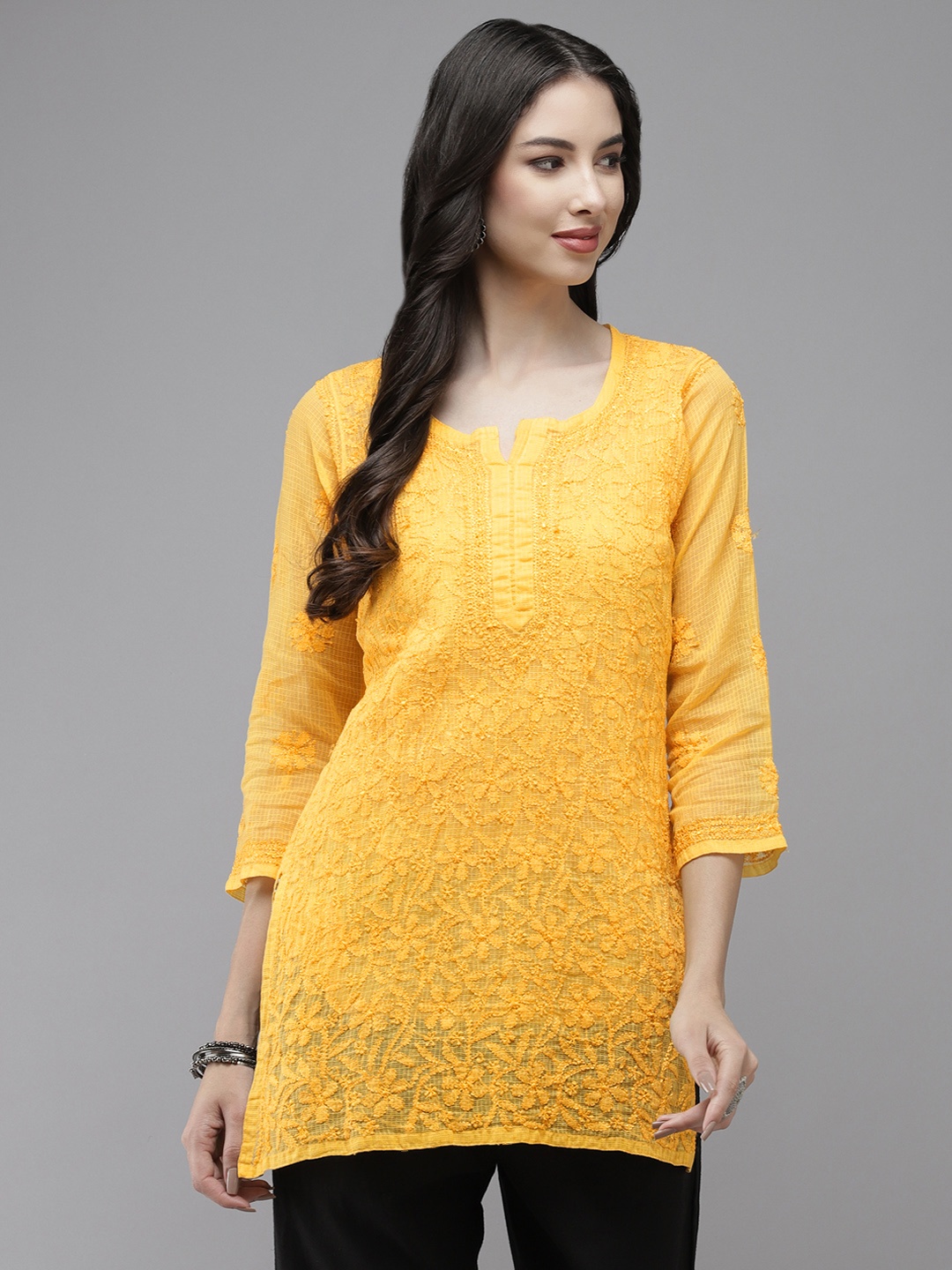

ADA Yellow Hand Embroidered Chikankari Kota Handloom Kurti With Matching Slip
