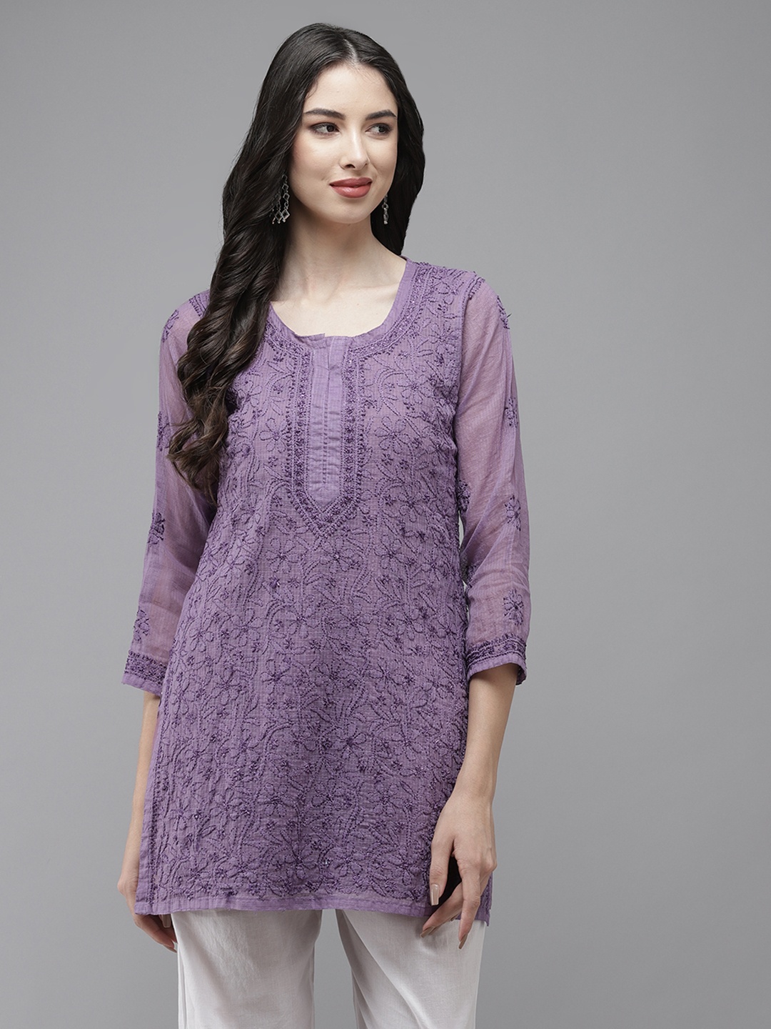 

ADA Purple Hand Embroidered Chikankari Kota Kurti With Matching Slip