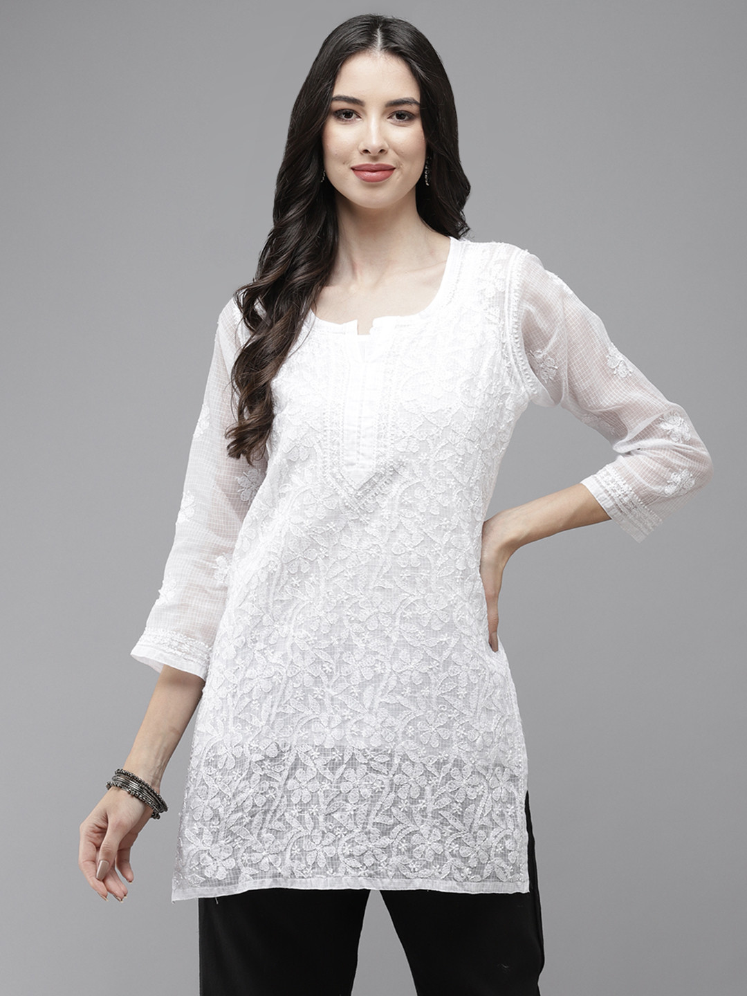 

ADA White Hand Embroidered Chikankari Kota Kurti With Matching Slip