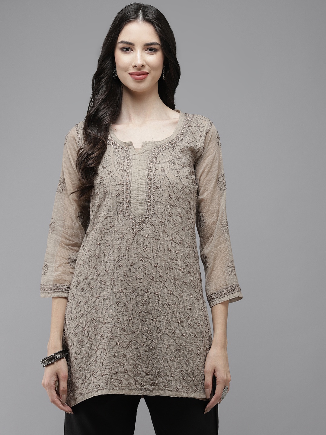 

ADA Grey Hand Embroidered Chikankari Kota Kurti With Matching Slip