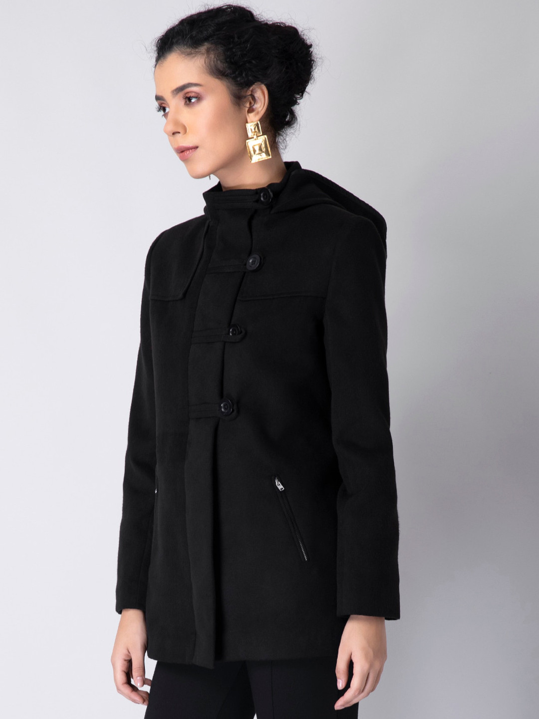 

FabAlley Women Black Hooded Regular-Fit Duffle Coat